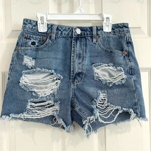 Almost Famous Women Distressed Medium Blue Wash Raw Hem Jean Denim Shorts Size 3